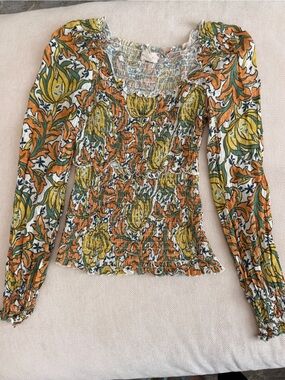 Anthropologie Smocked Floral Crop Top in Orange, Yellow and Green